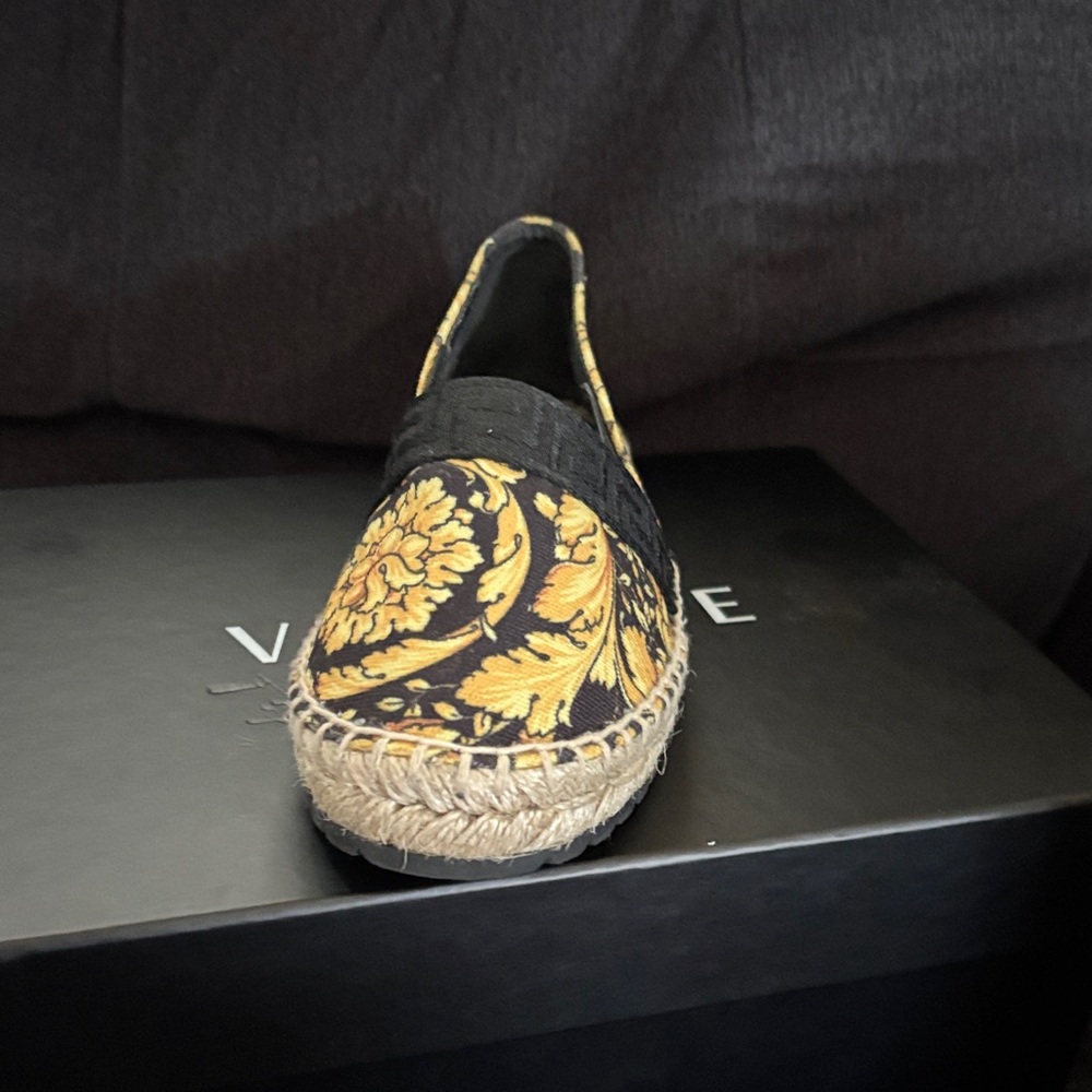 Versace Black and Gold Floral Espadrilles